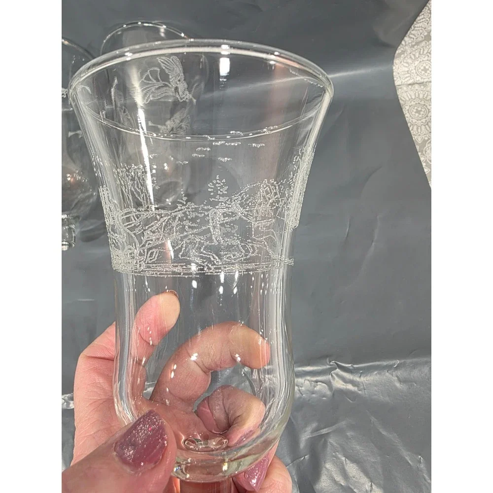 Set of 4 Clear Glass Candle Holders Etched Angel (2) & Horse Tree (1) Design MCM